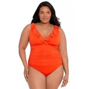 Lauren Ralph Lauren Plus Size Ruffle-V-Neck One-Piece Swimsuit Orange 16